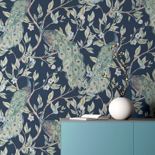 Keeka Peacock Wallpaper Navy - World of Wallpaper by Zara Curtains